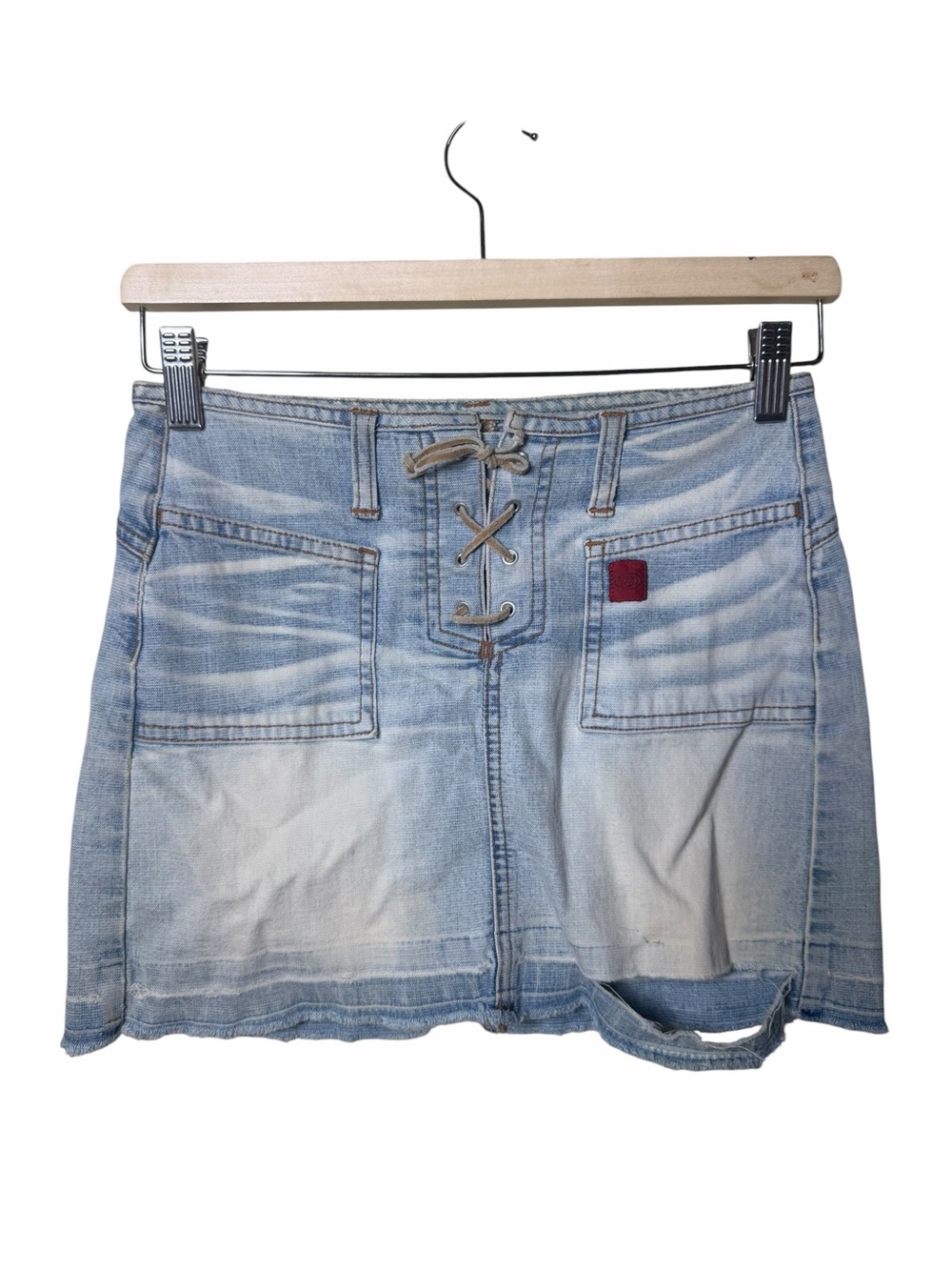 Vintage Bongo Y2K Lace Up Denim Mini Skirt Low Rise Distressed 2000s Size 0